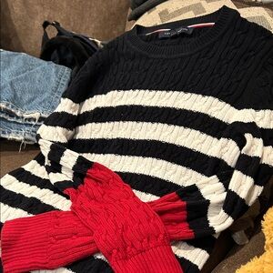 Tommy Hilfiger Black and White Striped Sweater with Red Details